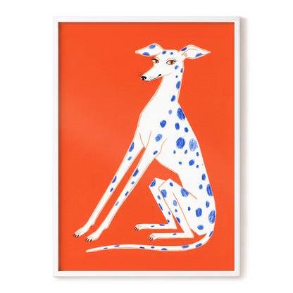 Cobalt Spot Greyhound, orange, white, blue nature wall art, front artwork view
