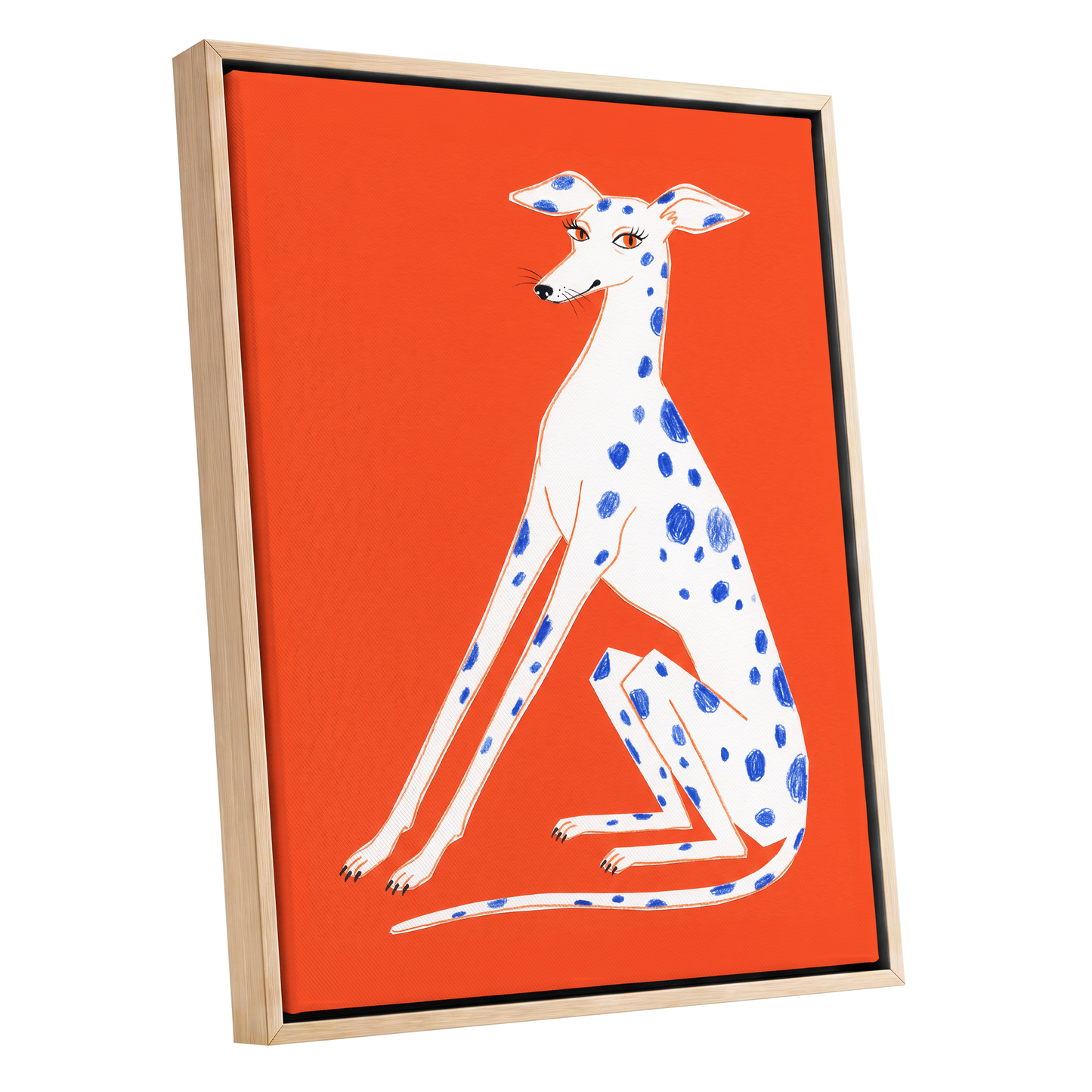 Cobalt Spot Greyhound, orange, white, blue nature wall art shown as a oak framed canvas wall art