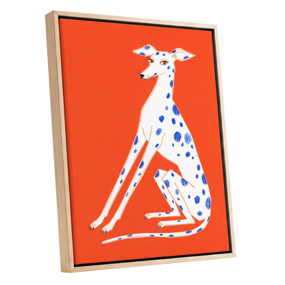 Cobalt Spot Greyhound, orange, white, blue nature wall art shown as a oak framed canvas wall art
