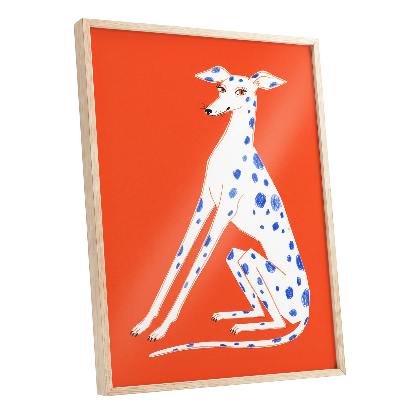 Cobalt Spot Greyhound, orange, white, blue nature wall art shown as a oak framed poster wall art print