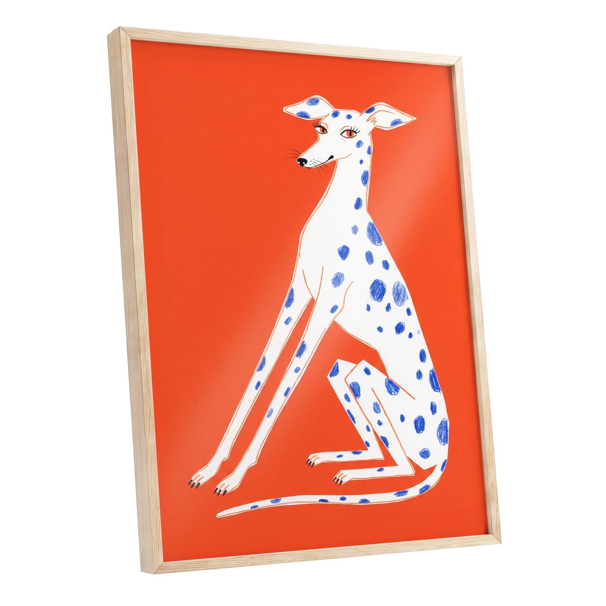 Cobalt Spot Greyhound, orange, white, blue nature wall art shown as a oak framed poster wall art print