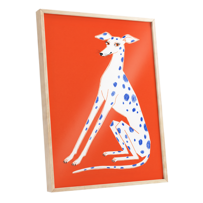 Cobalt Spot Greyhound, orange, white, blue nature wall art shown as a oak framed poster wall art print