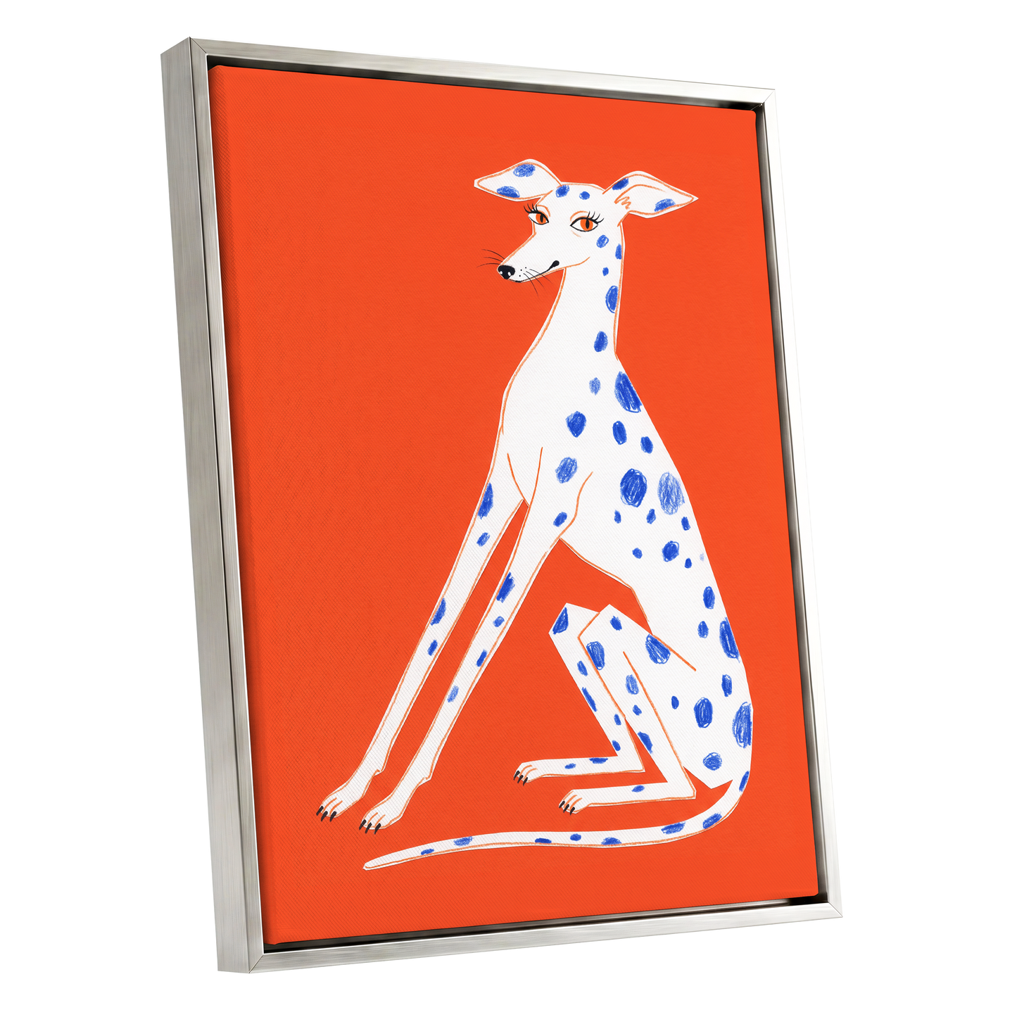 Cobalt Spot Greyhound, orange, white, blue nature wall art shown as a silver framed canvas wall art