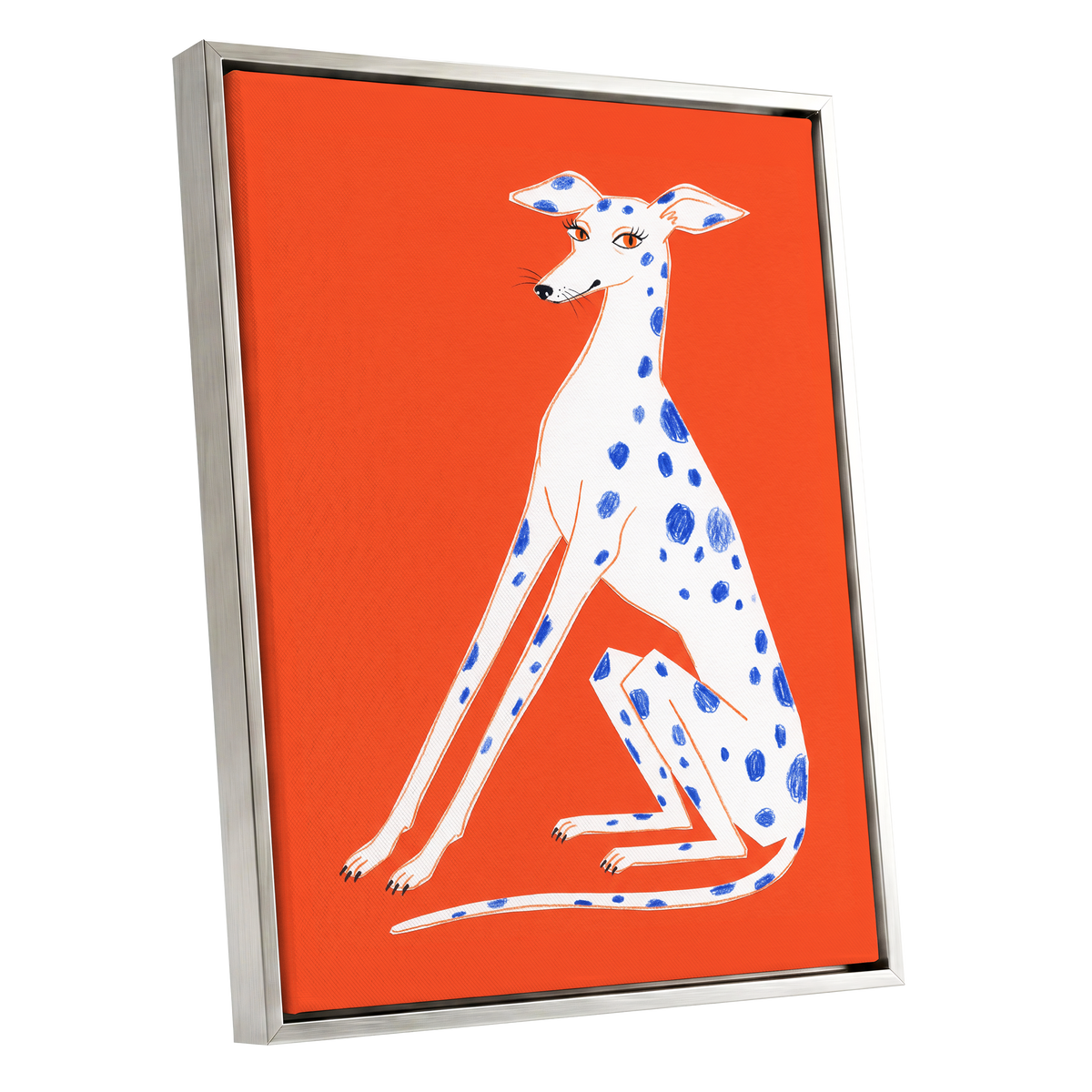 Cobalt Spot Greyhound, orange, white, blue nature wall art shown as a silver framed canvas wall art