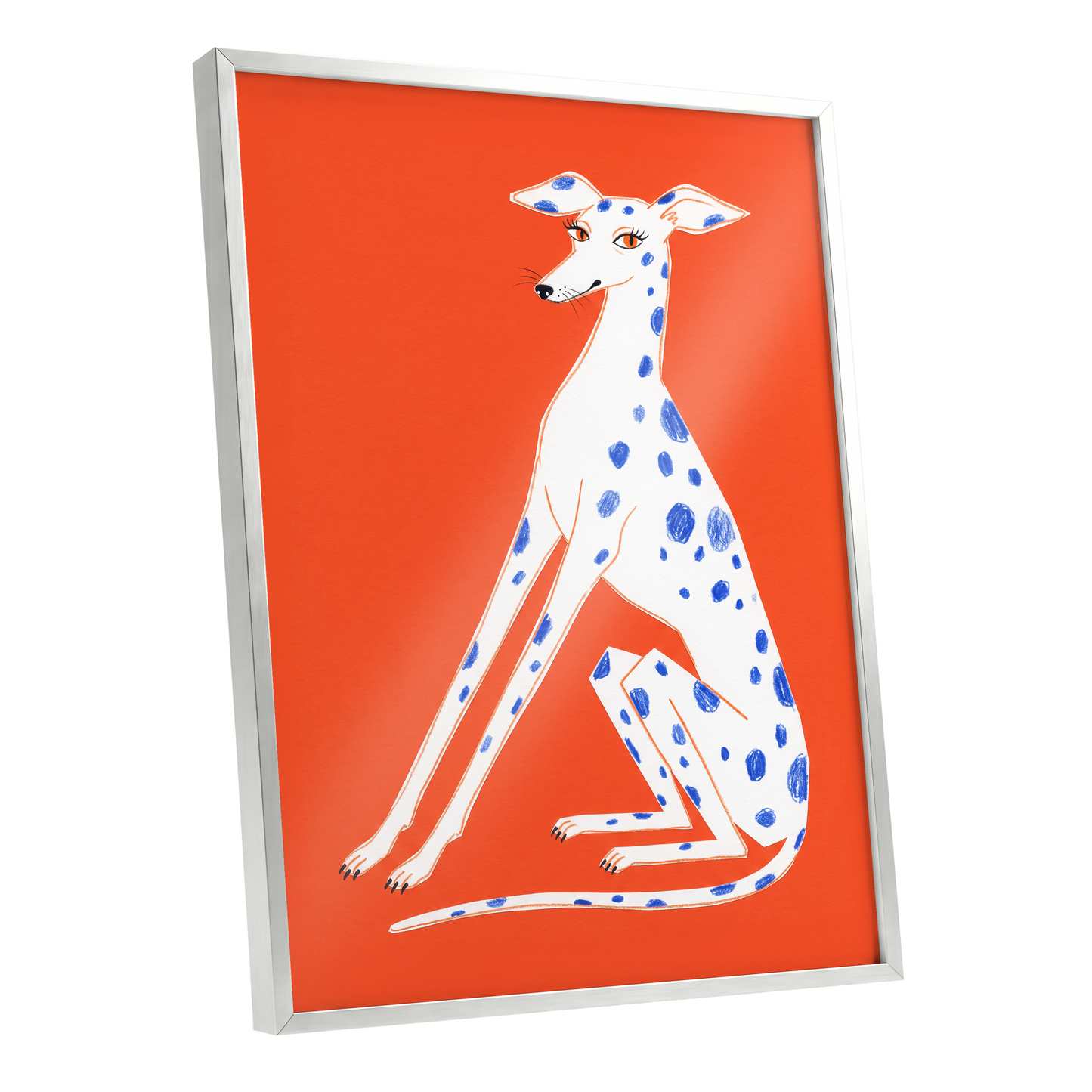 Cobalt Spot Greyhound, orange, white, blue nature wall art shown as a silver framed poster wall art print