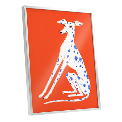 Cobalt Spot Greyhound, orange, white, blue nature wall art shown as a silver framed poster wall art print
