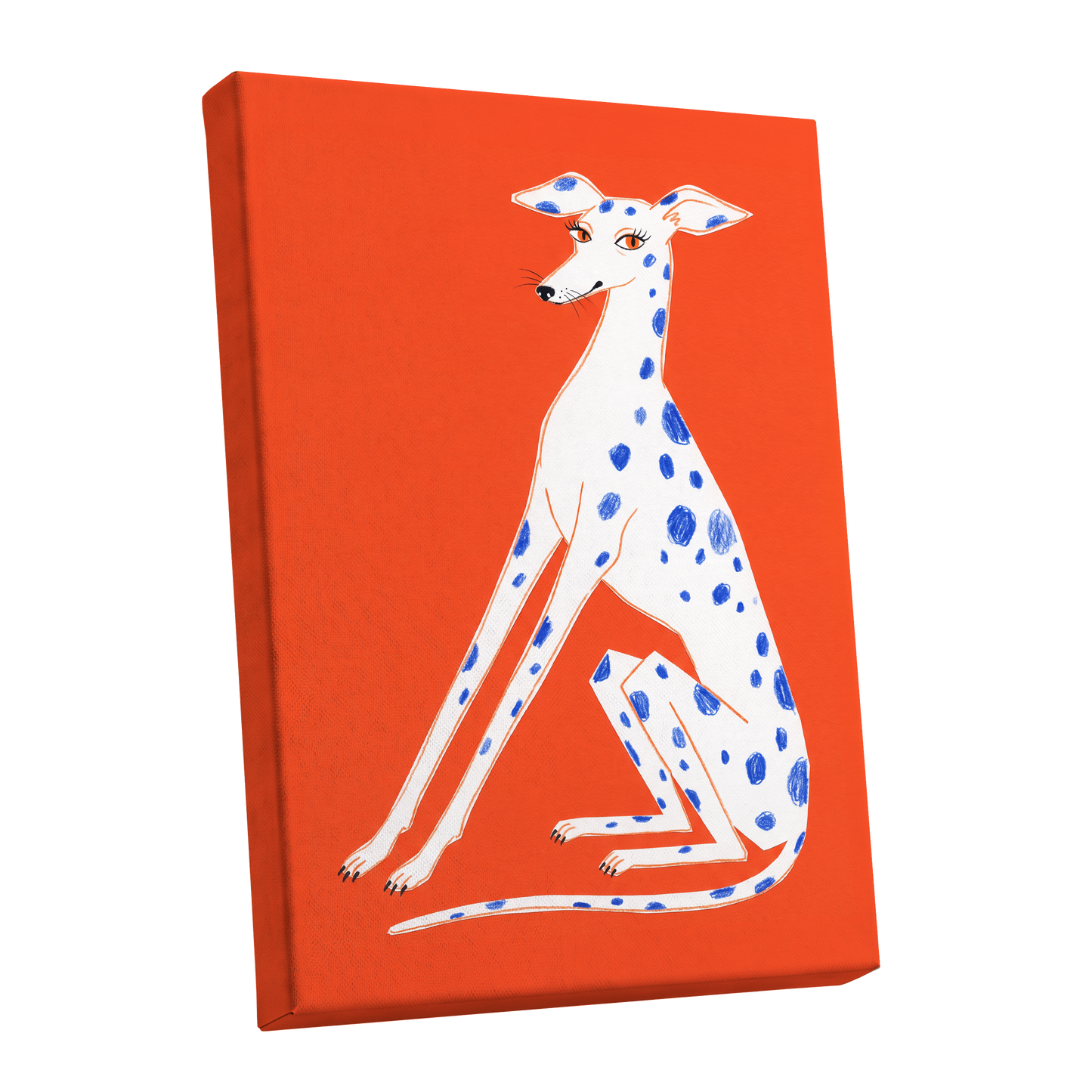 Cobalt Spot Greyhound, orange, white, blue nature wall art shown as a stretched canvas wall art
