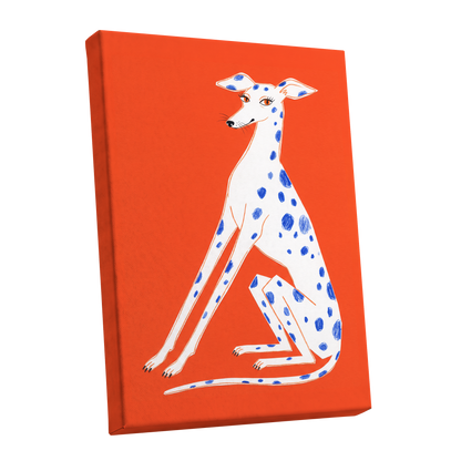 Cobalt Spot Greyhound, orange, white, blue nature wall art shown as a stretched canvas wall art