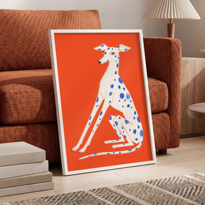 Cobalt Spot Greyhound, orange, white, blue nature wall art displayed in a styled interior, gallery view 2