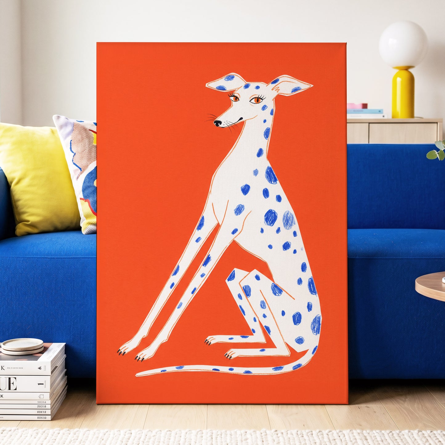 Cobalt Spot Greyhound, orange, white, blue nature wall art displayed in a styled interior, gallery view 3