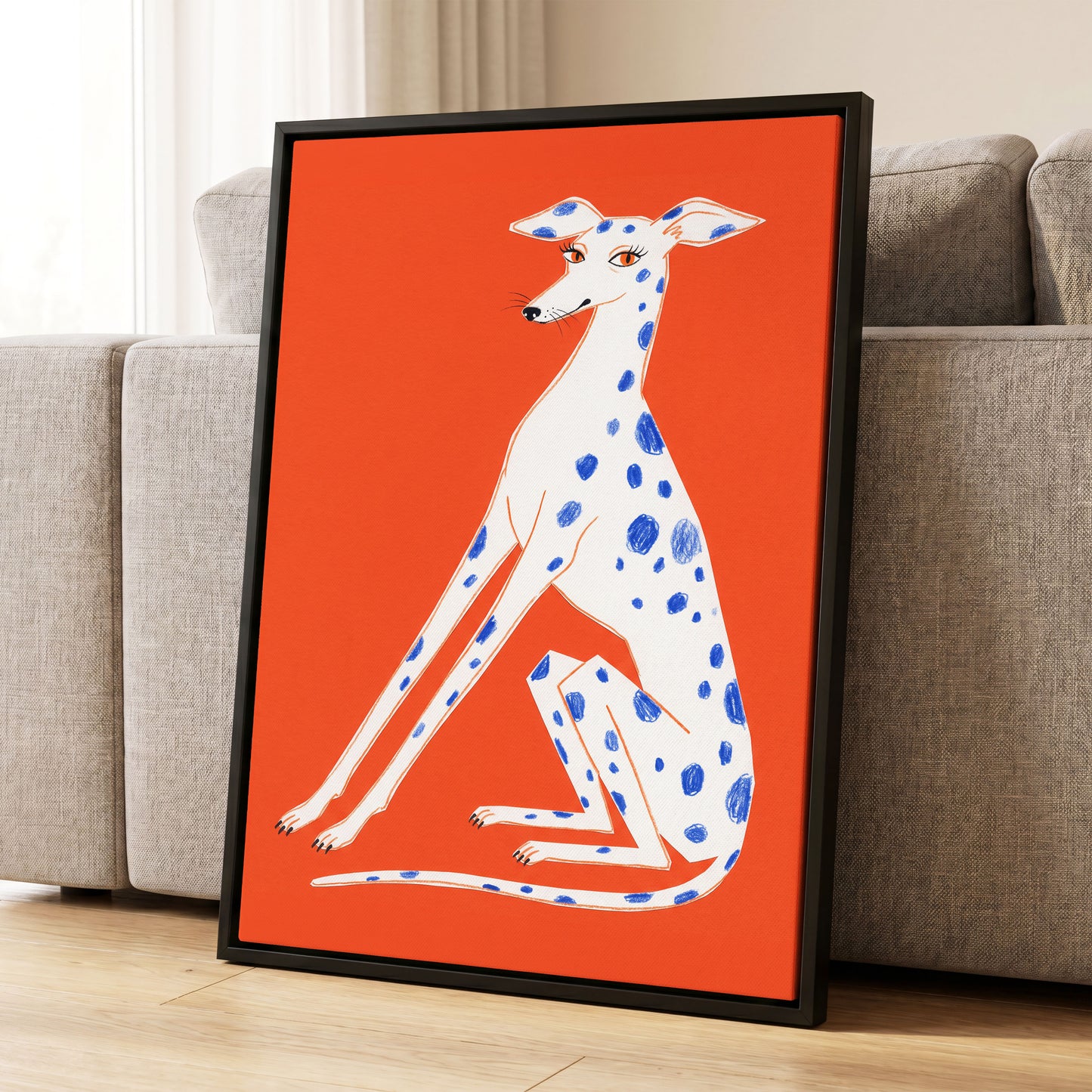 Cobalt Spot Greyhound, orange, white, blue nature wall art displayed in a styled interior, gallery view 4