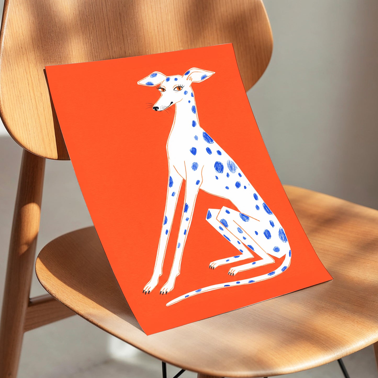 Cobalt Spot Greyhound, orange, white, blue nature wall art displayed in a styled interior, gallery view 5