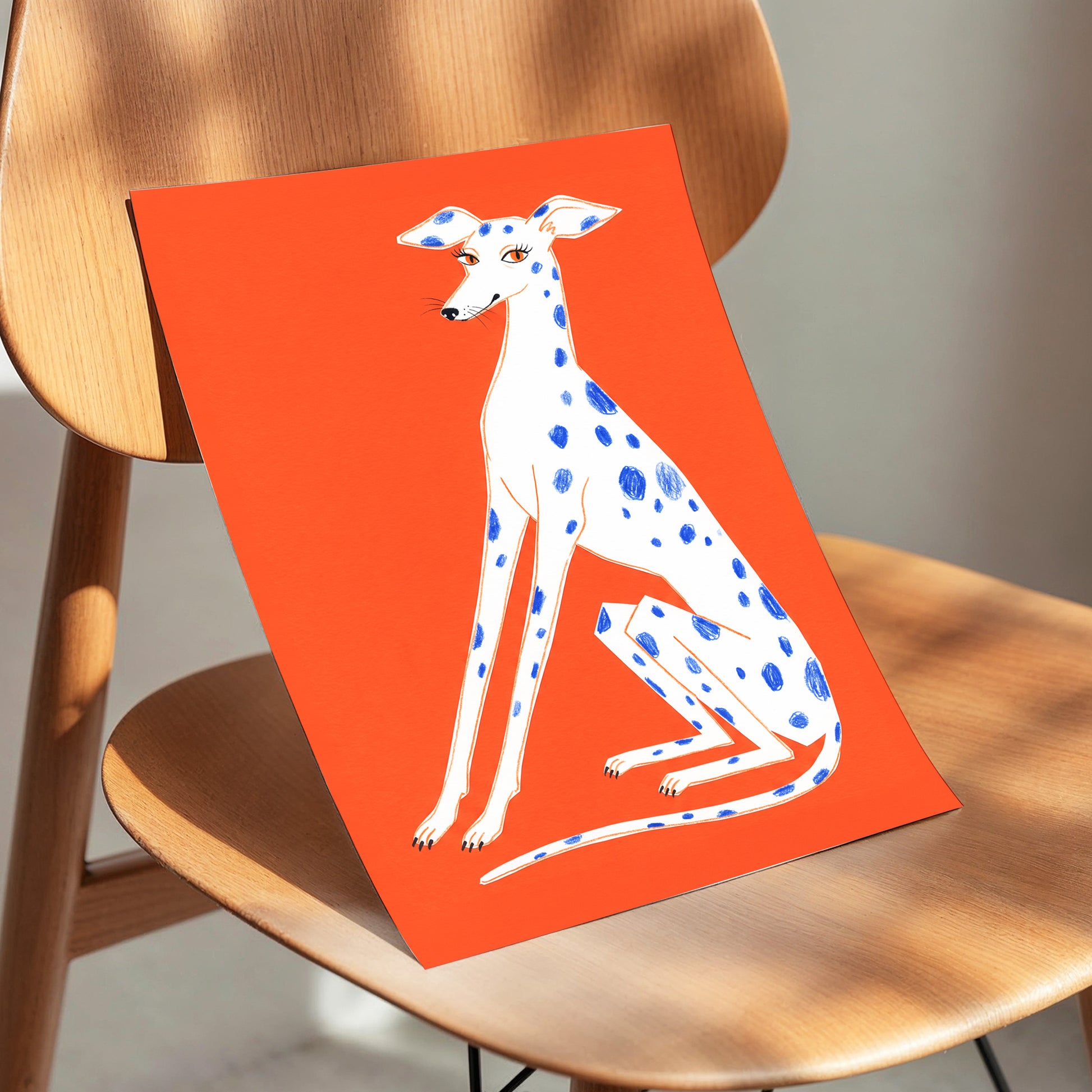 Cobalt Spot Greyhound, orange, white, blue nature wall art displayed in a styled interior, gallery view 5