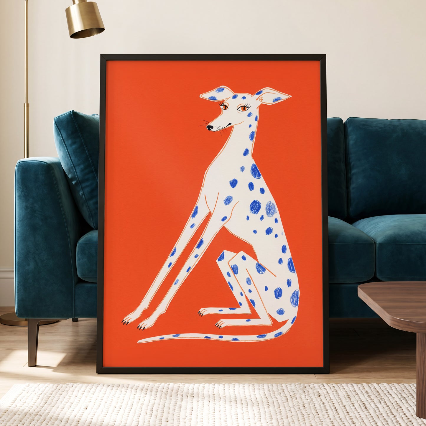 Cobalt Spot Greyhound, orange, white, blue nature wall art displayed in a styled interior, gallery view 6