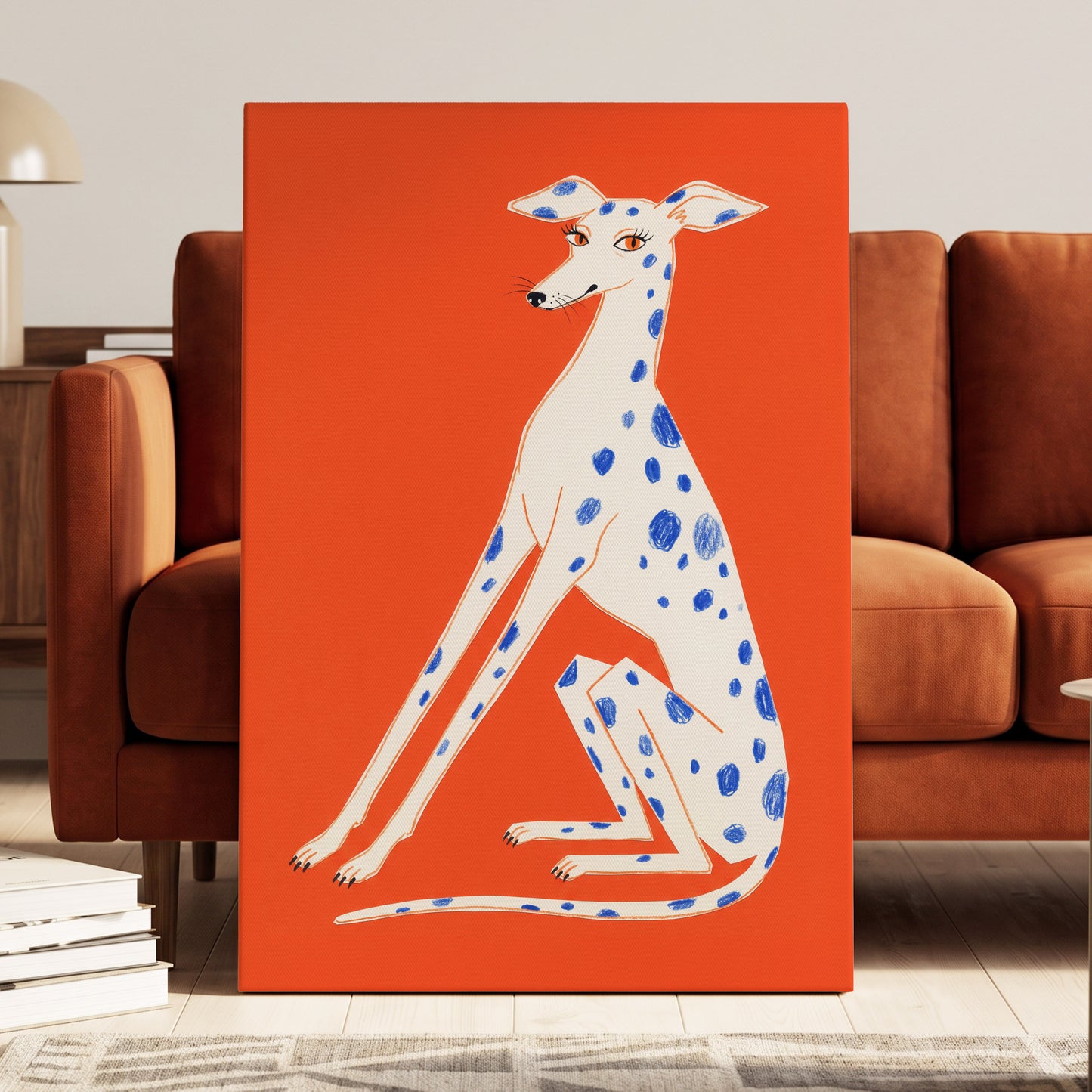 Cobalt Spot Greyhound, orange, white, blue nature wall art displayed in a styled interior, gallery view 7