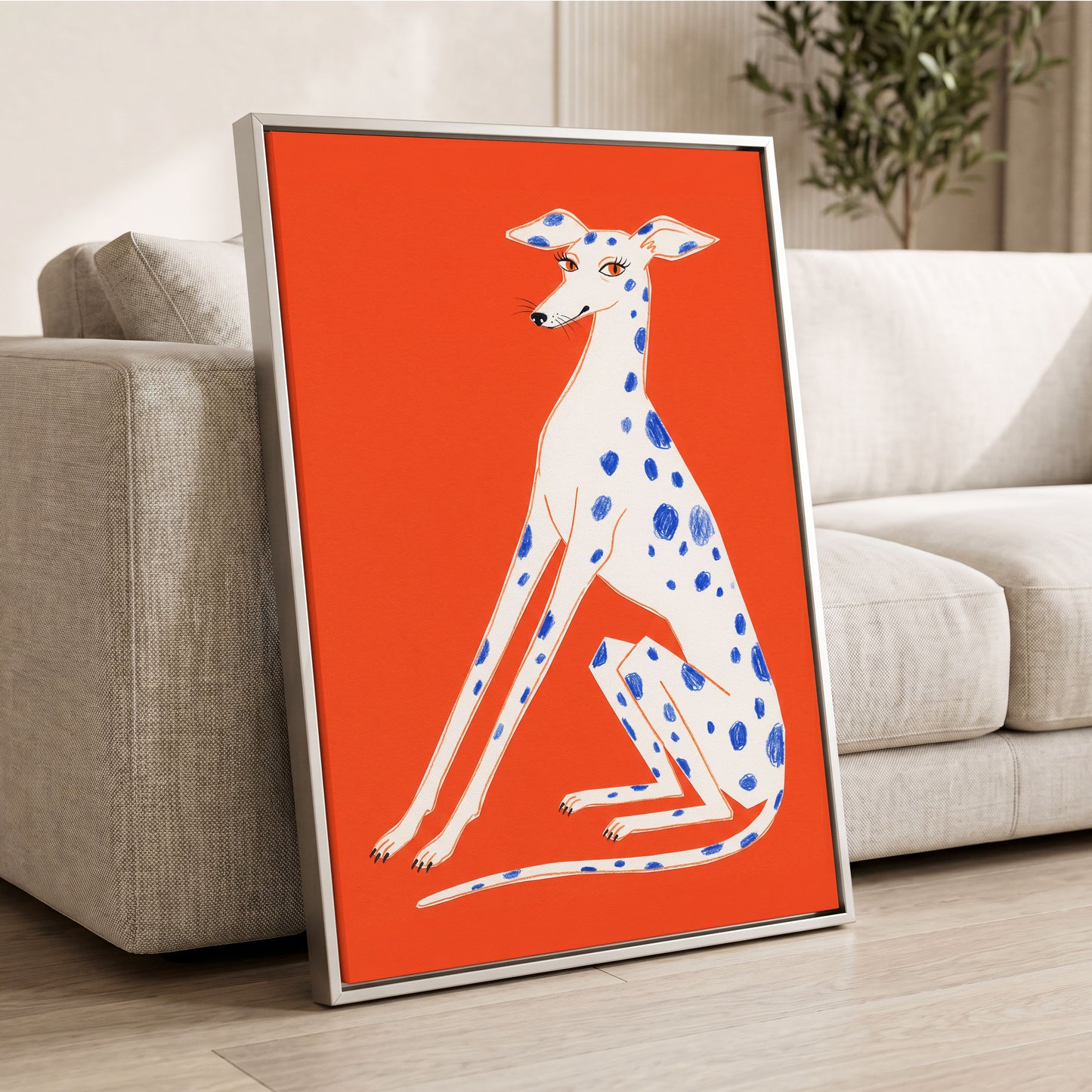 Cobalt Spot Greyhound, orange, white, blue nature wall art displayed in a styled interior, gallery view 8