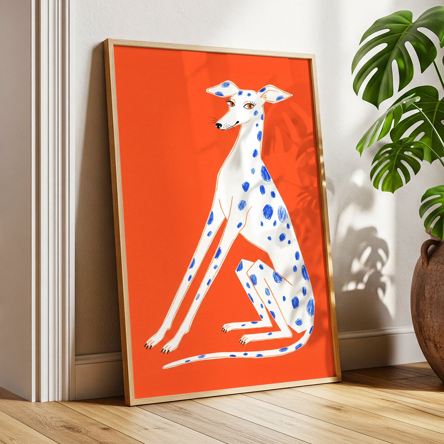 Cobalt Spot Greyhound, orange, white, blue nature wall art displayed in a styled interior, gallery view 9