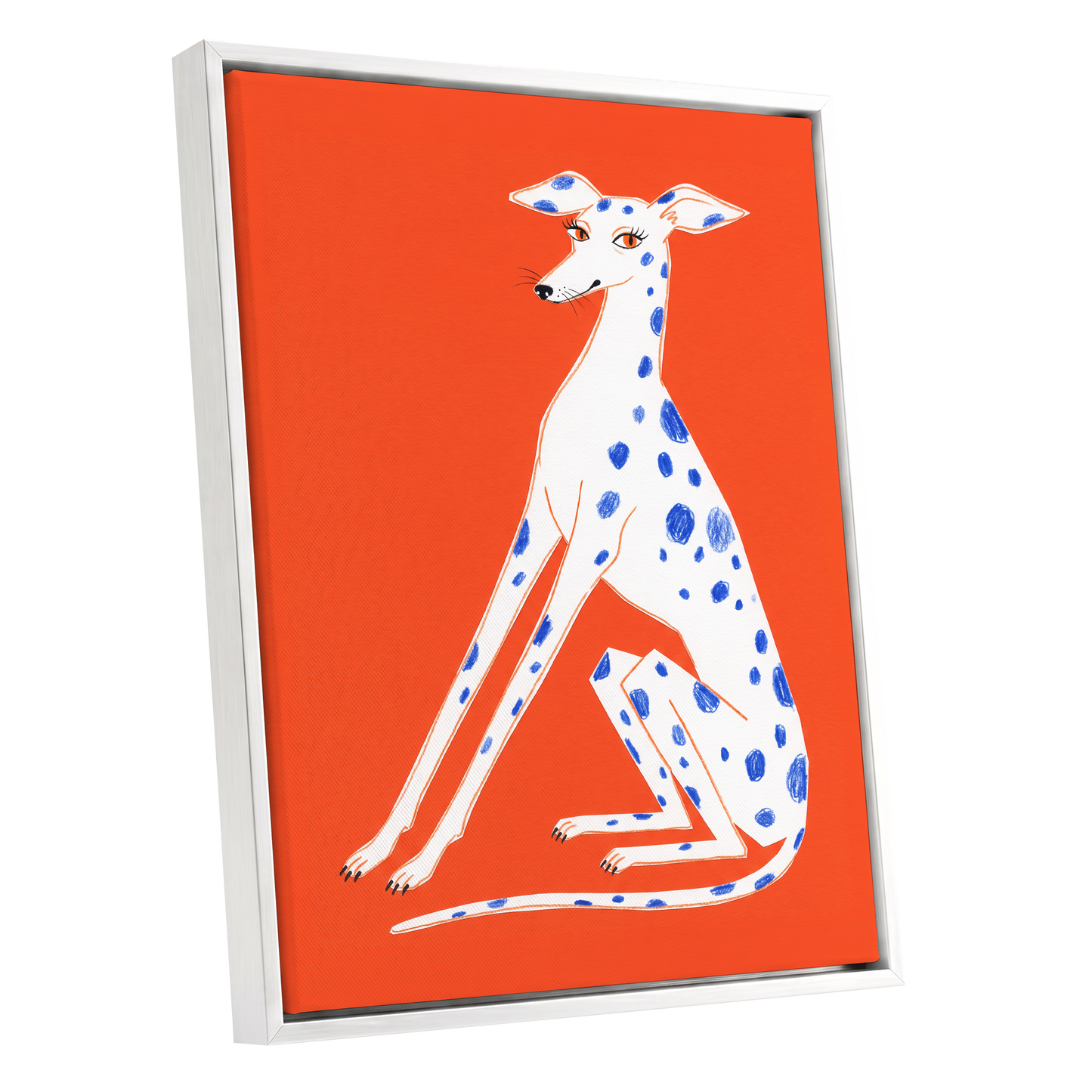 Cobalt Spot Greyhound, orange, white, blue nature wall art shown as a white framed canvas wall art