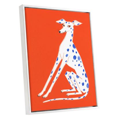 Cobalt Spot Greyhound, orange, white, blue nature wall art shown as a white framed canvas wall art