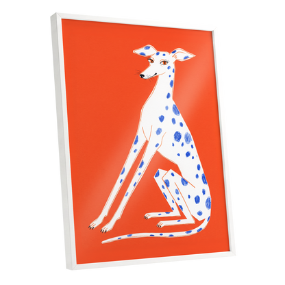 Cobalt Spot Greyhound, orange, white, blue nature wall art shown as a white framed poster wall art print