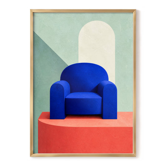 Cobalt Throne, blue, green, red minimalist wall art, front artwork view