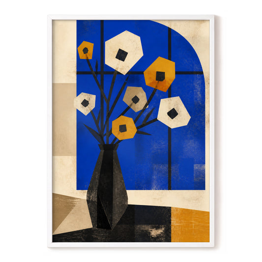 Cobalt Window Blooms, blue, black, beige floral wall art, front artwork view
