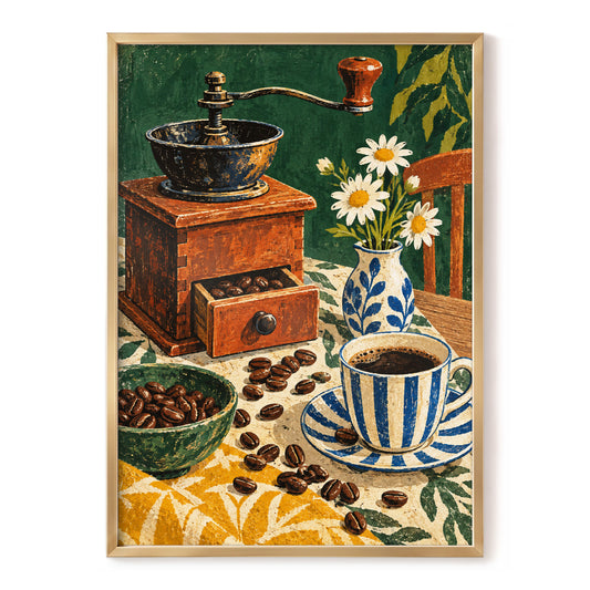 Coffee Among Daisies, green, orange, brown abstract wall art, front artwork view