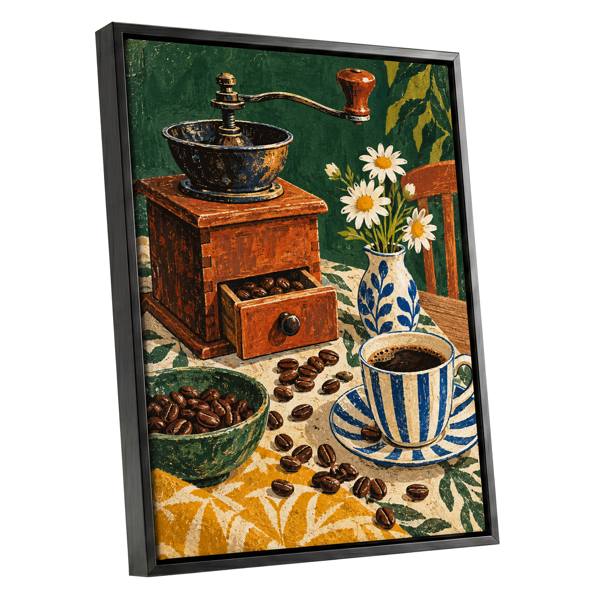 Coffee Among Daisies, green, orange, brown abstract wall art shown as a black framed canvas wall art