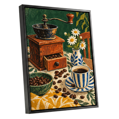 Coffee Among Daisies, green, orange, brown abstract wall art shown as a black framed canvas wall art