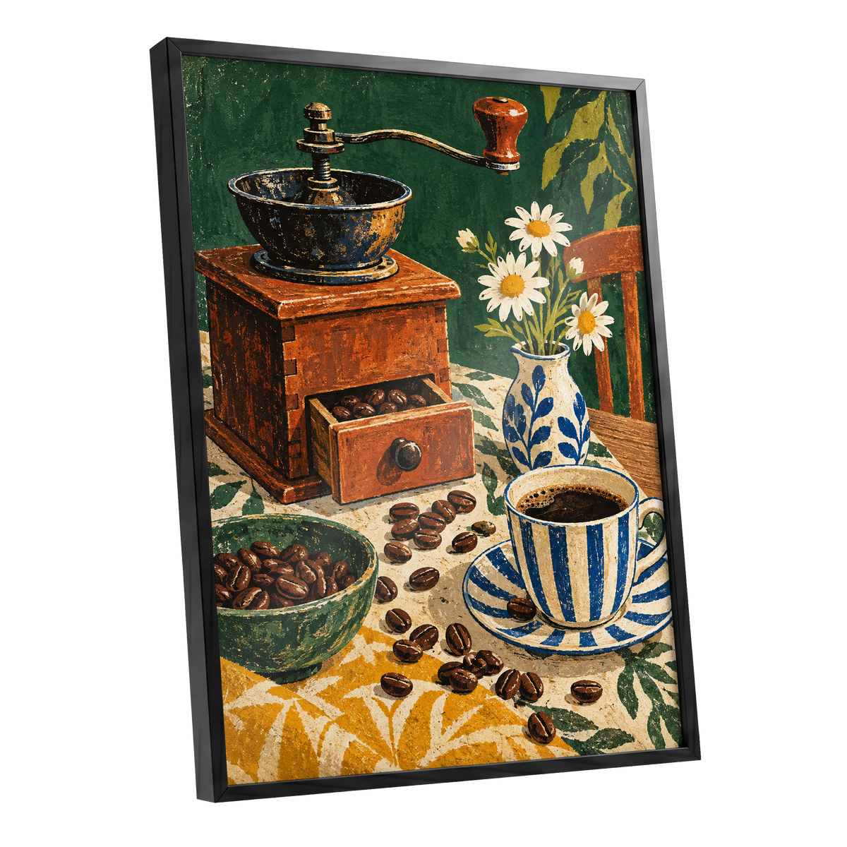 Coffee Among Daisies, green, orange, brown abstract wall art shown as a black framed poster wall art print