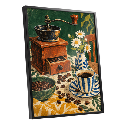Coffee Among Daisies, green, orange, brown abstract wall art shown as a black framed poster wall art print