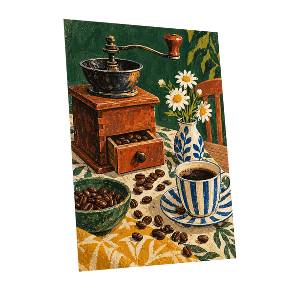 Coffee Among Daisies, green, orange, brown abstract wall art shown as a unframed poster wall art print