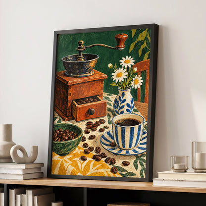 Coffee Among Daisies, green, orange, brown abstract wall art displayed in a styled interior, gallery view 2