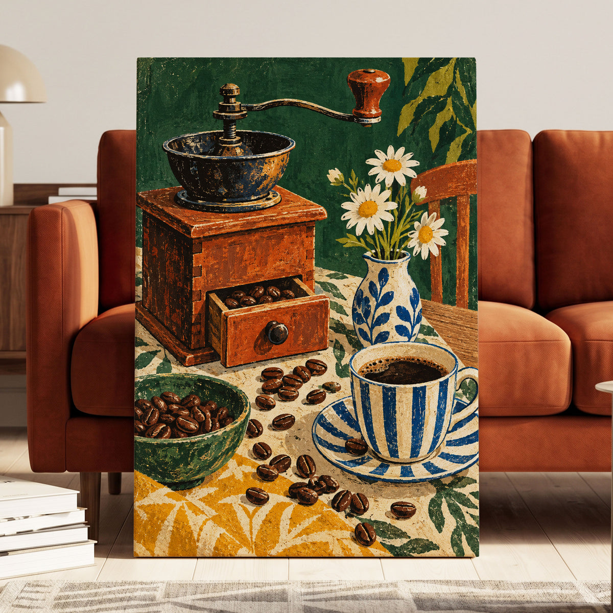 Coffee Among Daisies, green, orange, brown abstract wall art displayed in a styled interior, gallery view 3