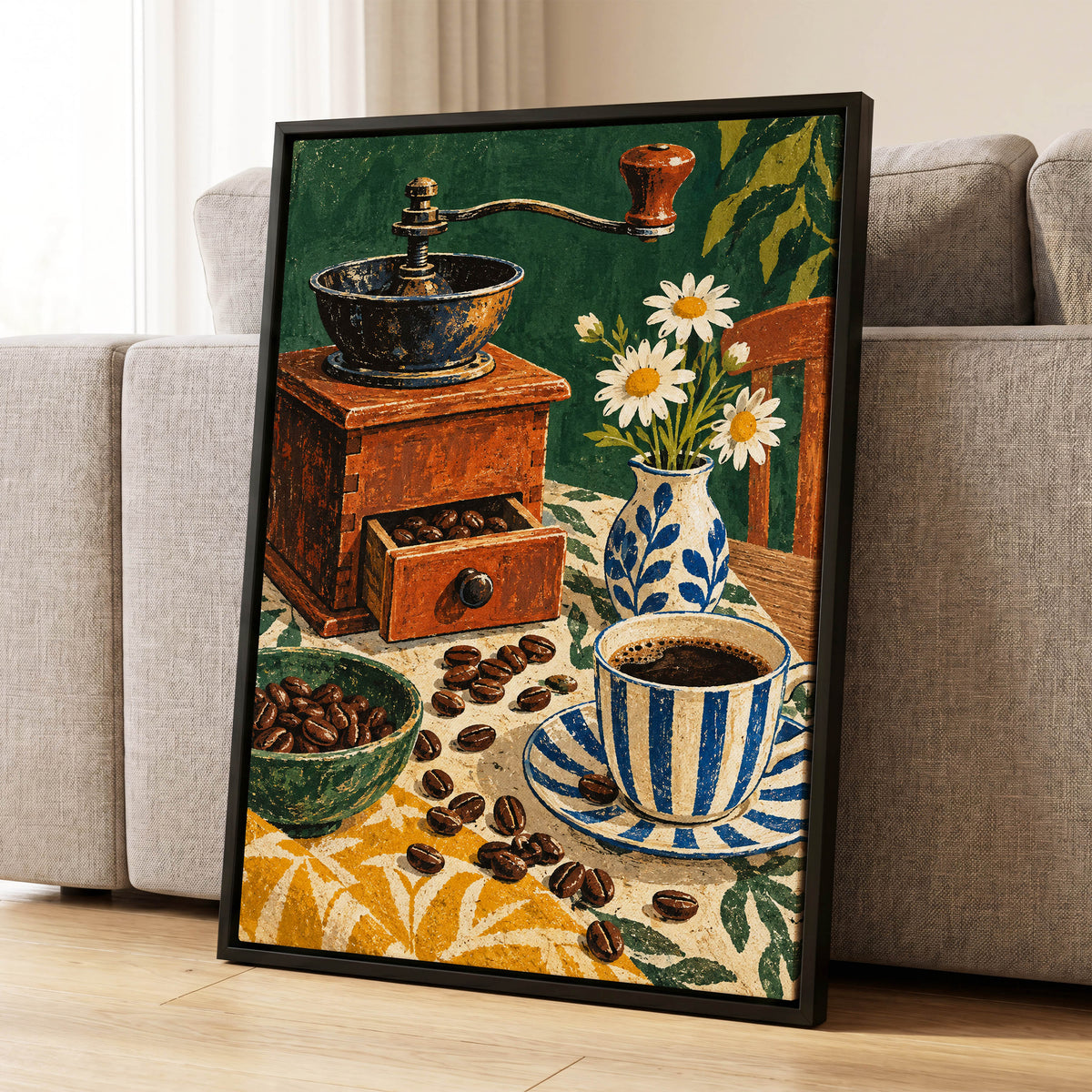 Coffee Among Daisies, green, orange, brown abstract wall art displayed in a styled interior, gallery view 4