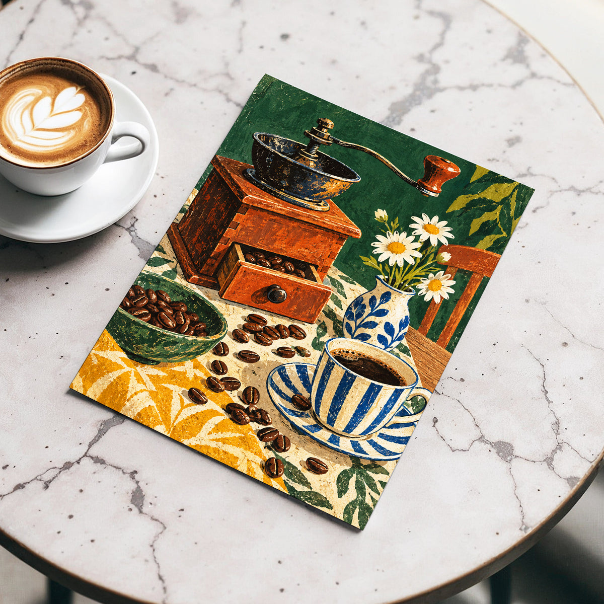 Coffee Among Daisies, green, orange, brown abstract wall art displayed in a styled interior, gallery view 5