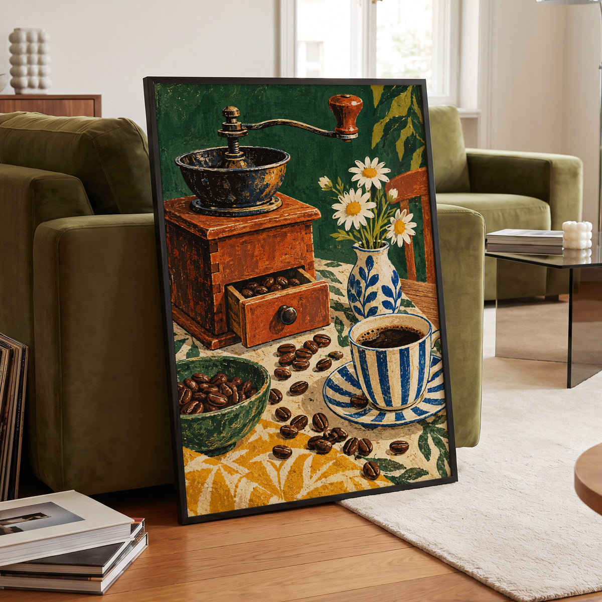 Coffee Among Daisies, green, orange, brown abstract wall art displayed in a styled interior, gallery view 6