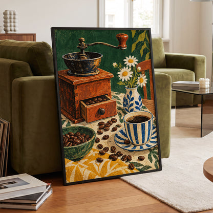 Coffee Among Daisies, green, orange, brown abstract wall art displayed in a styled interior, gallery view 6