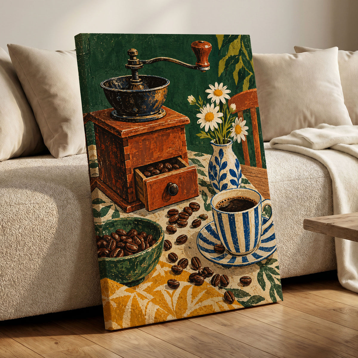 Coffee Among Daisies, green, orange, brown abstract wall art displayed in a styled interior, gallery view 7