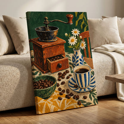 Coffee Among Daisies, green, orange, brown abstract wall art displayed in a styled interior, gallery view 7