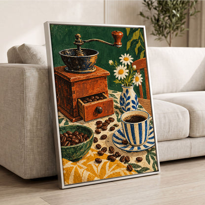 Coffee Among Daisies, green, orange, brown abstract wall art displayed in a styled interior, gallery view 8