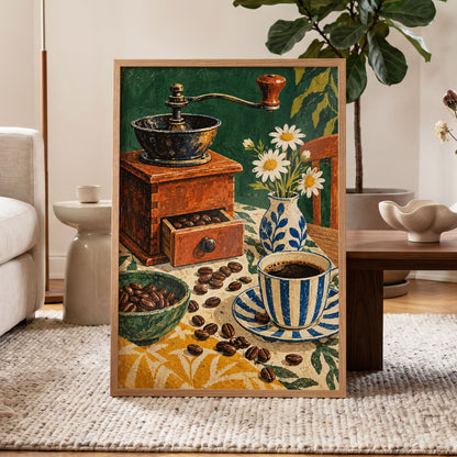 Coffee Among Daisies, green, orange, brown abstract wall art displayed in a styled interior, gallery view 9