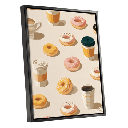Coffee & Doughnut Day, beige, gold, pink minimalist wall art shown as a black framed canvas wall art