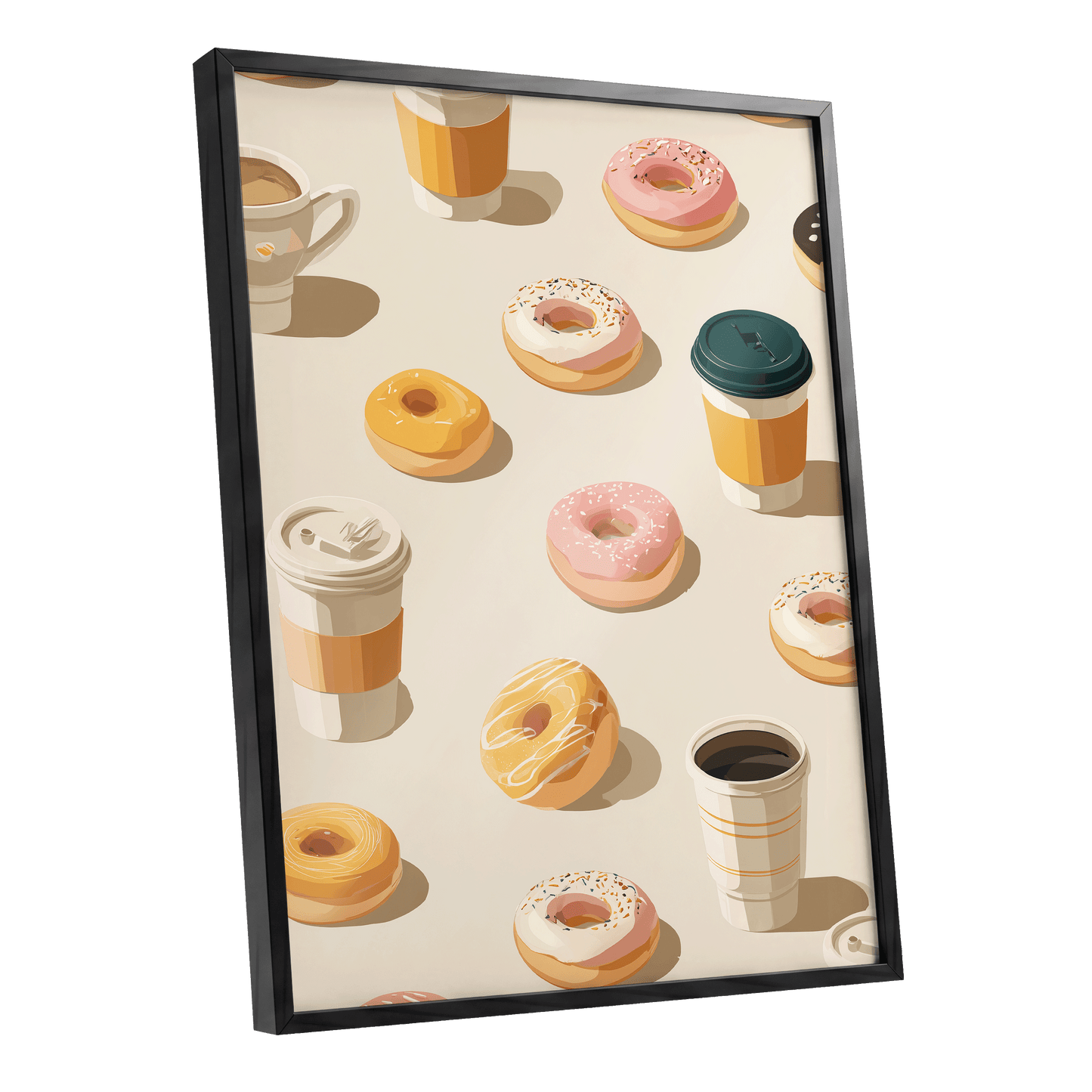 Coffee & Doughnut Day, beige, gold, pink minimalist wall art shown as a black framed poster wall art print