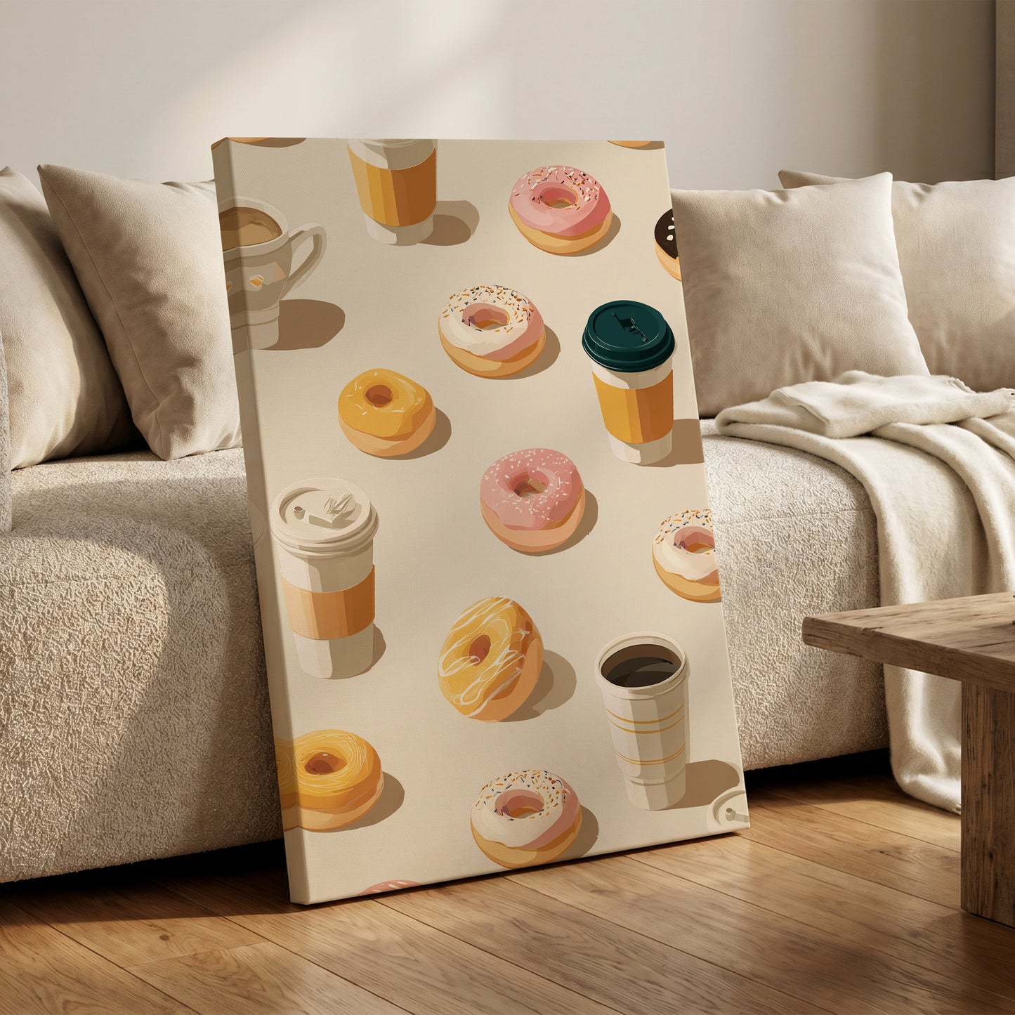 Coffee & Doughnut Day, beige, gold, pink minimalist wall art on canvas displayed in a styled interior, gallery view 1