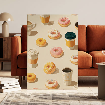 Coffee & Doughnut Day, beige, gold, pink minimalist wall art on canvas displayed in a styled interior, gallery view 2