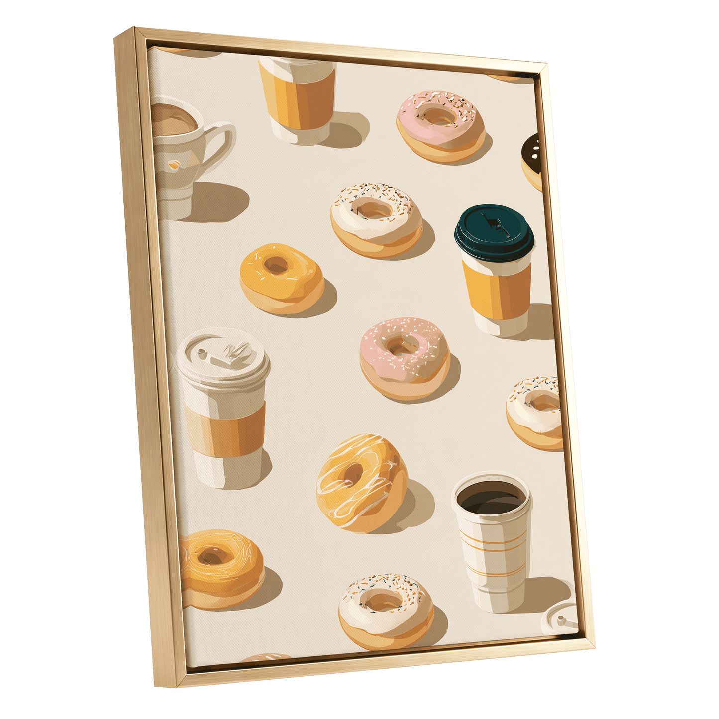 Coffee & Doughnut Day, beige, gold, pink minimalist wall art shown as a gold framed canvas wall art