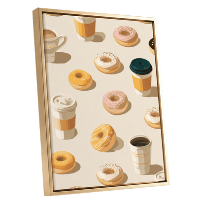 Coffee & Doughnut Day, beige, gold, pink minimalist wall art shown as a gold framed canvas wall art