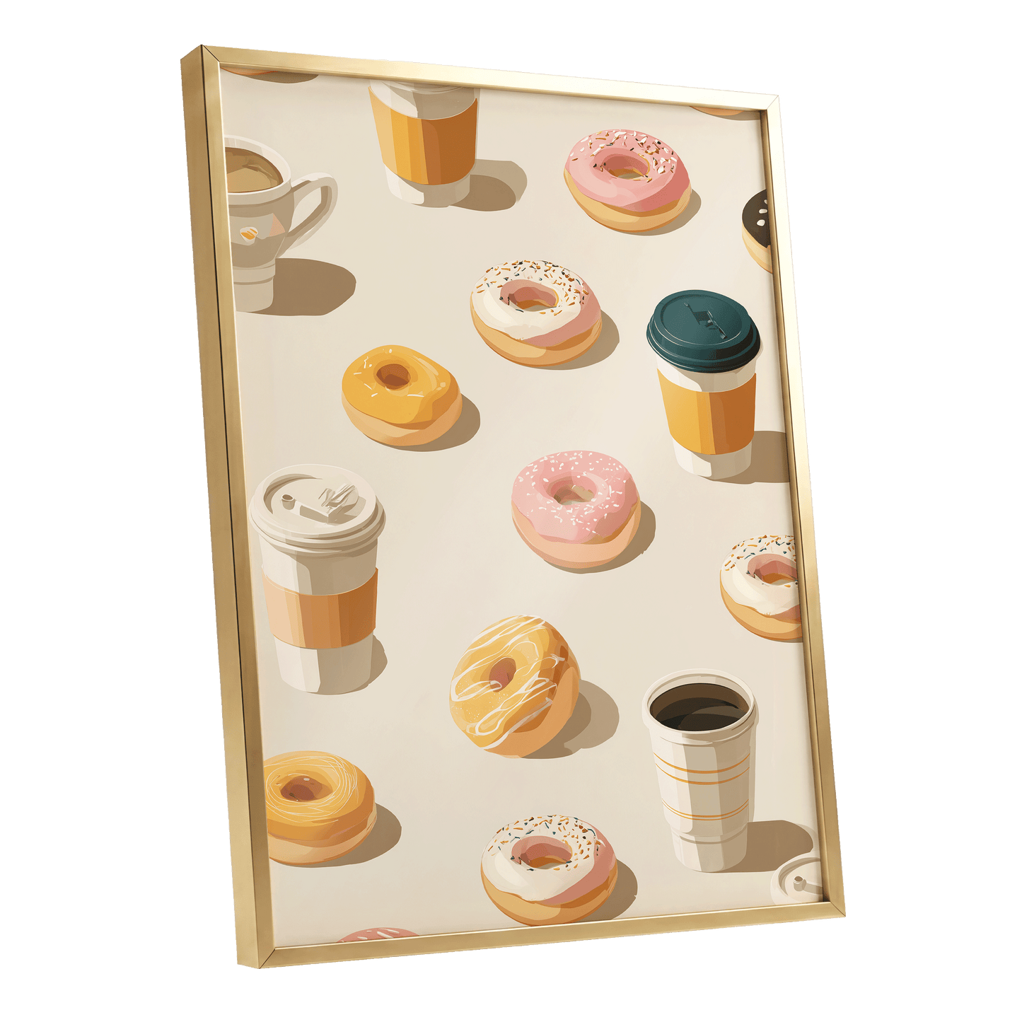 Coffee & Doughnut Day, beige, gold, pink minimalist wall art shown as a gold framed poster wall art print