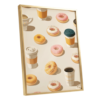 Coffee & Doughnut Day, beige, gold, pink minimalist wall art shown as a gold framed poster wall art print